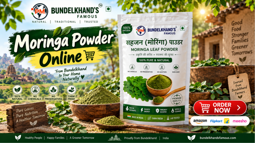 Bundelkhand’s Famous Moringa Leaf Powder, a naturally green fine leaf powder suitable for smoothies, homemade drinks, soups, dal, roti, paratha, chutneys, vegetables, snacks and other everyday food preparations