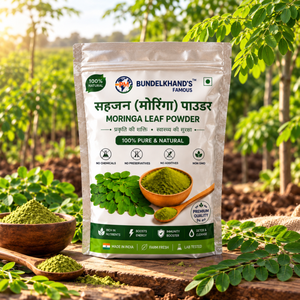 Bundelkhand’s Famous Moringa Leaf Powder, a naturally green fine leaf powder suitable for smoothies, homemade drinks, soups, dal, roti, paratha, chutneys, vegetables, snacks and other everyday food preparations